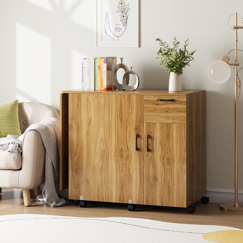 Foldable Sewing Machine Table with Storage Shelves and Lockable Wheels