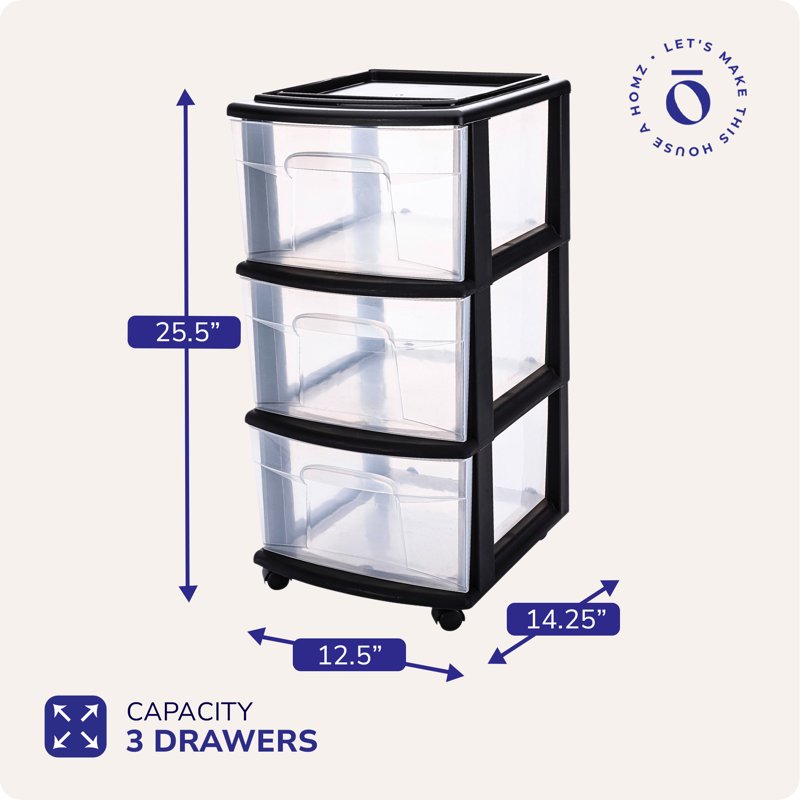 3-Drawer Mobile Cart Organizer with Removable Wheels, Medium Storage