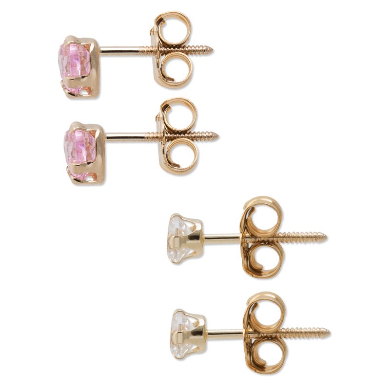 Girls and Tweens 14K Gold CZ Stud Earring Set - Heart & Round Design