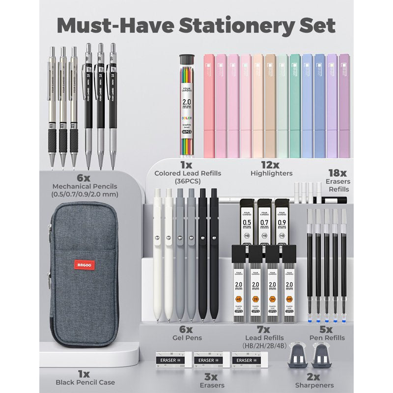 Four Candies 45-Piece Office Essentials Kit - Black Variation with Case, 6 Gel Pens, 6 Mechanical Pencils, 12 Highlighters