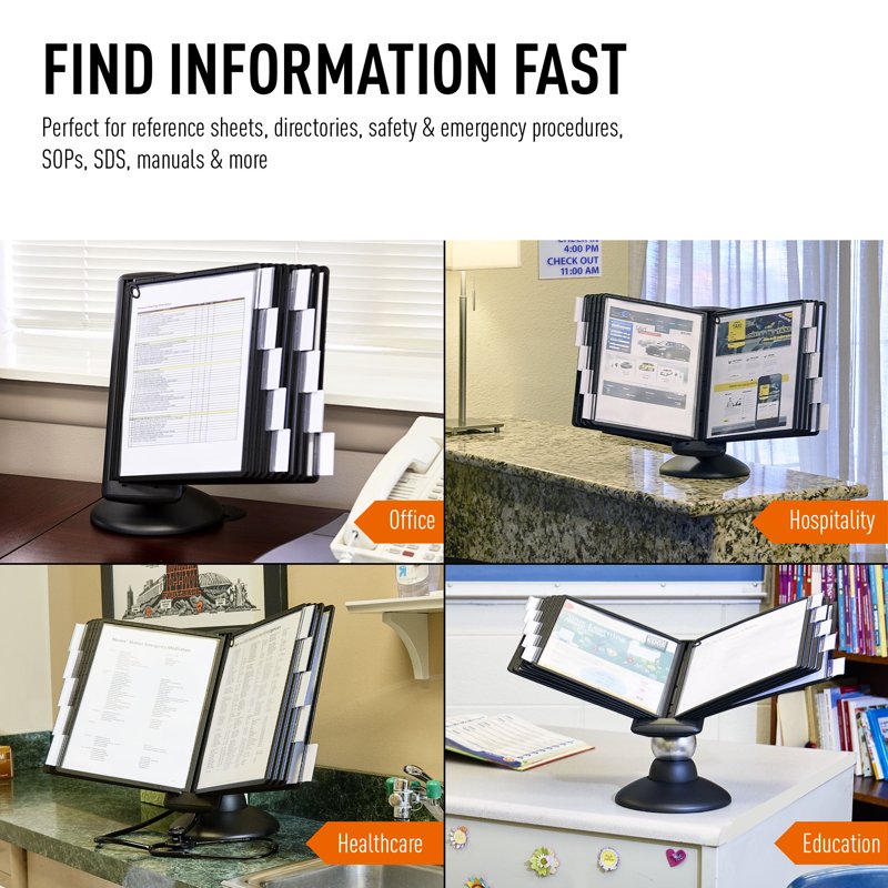 Desktop Reference Display System with 10 Double-Sided Letter-Size Panels - Black