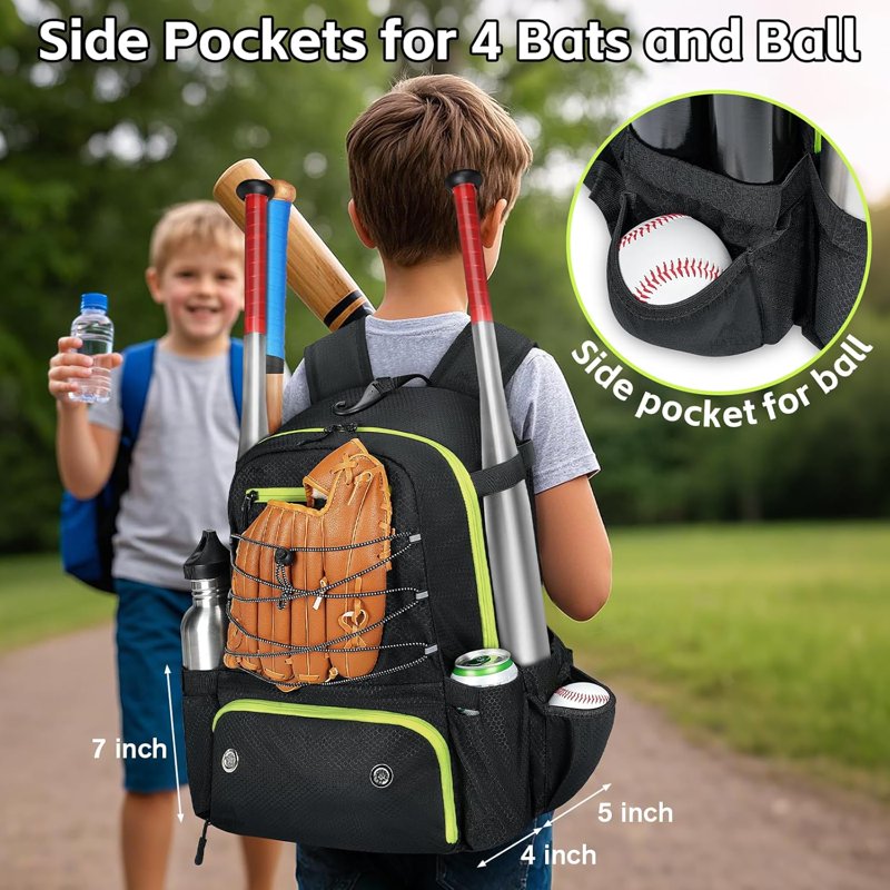 Youth Baseball Backpack with 4 Bats Holder, Shoe Compartment & Fence Hook
