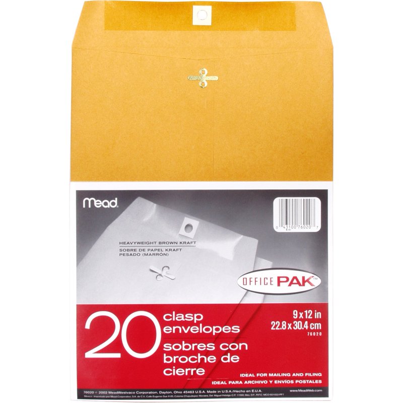 Brown Kraft Clasp Envelopes - 9 x 12 Office Pak, 20 Pack