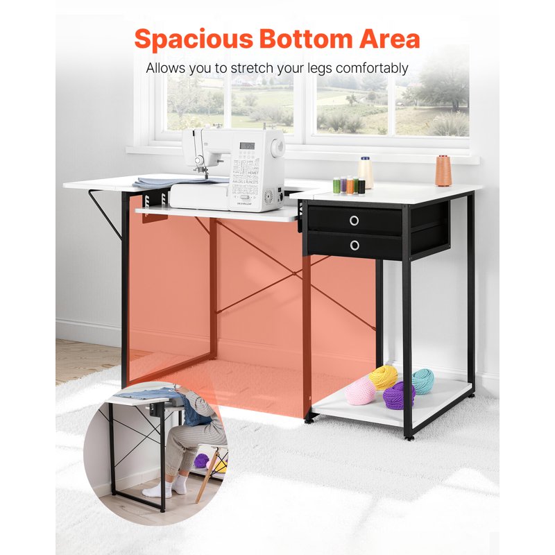 Multipurpose Sewing Table with Drawers and Foldable Side Shelf - Adjustable Home & Studio Workstation