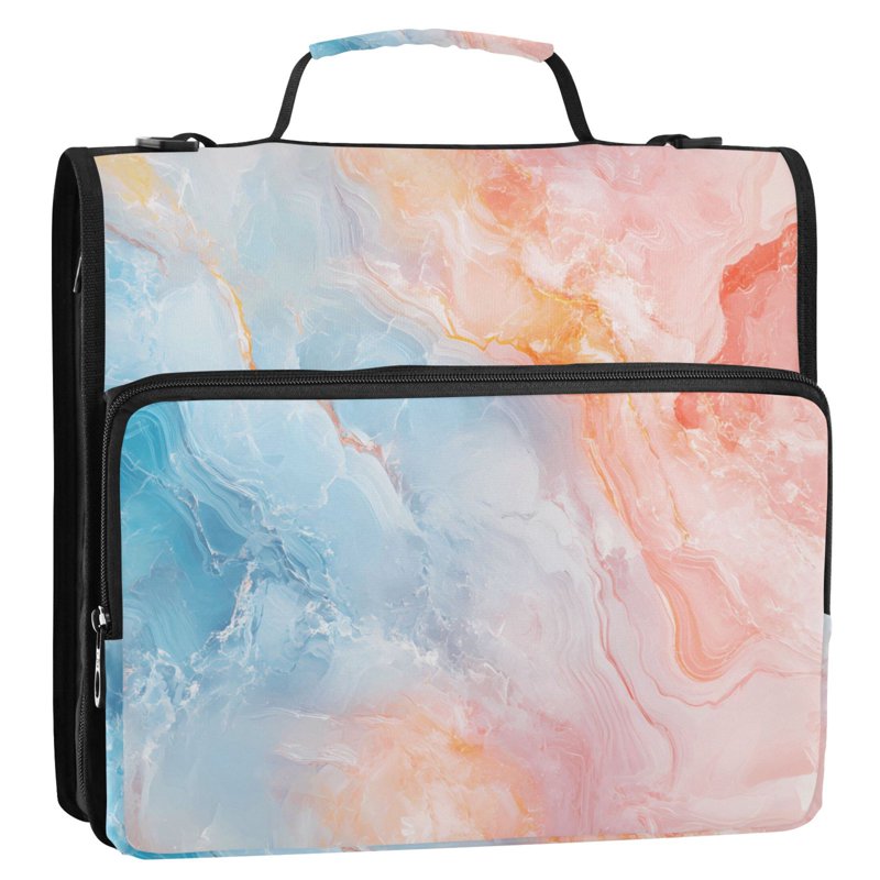 Waterproof 3-Ring Zipper Binder with Shoulder Strap for 500 Sheets - Soft Blue Pink Marble