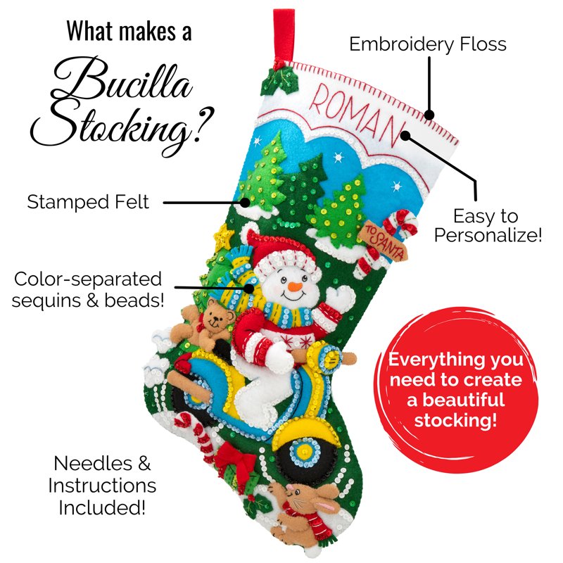 Holiday Felt Stocking Kit - Santa, Snowman & Reindeer Design, 18 Inches