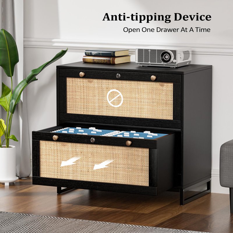 Lateral File Cabinet with Lock - 2 Drawer Wood Storage for Home Office, Black