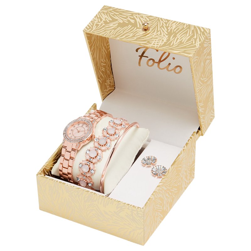Women's Rose Gold Tone Analog Watch Set with Layered Bracelets and Earrings