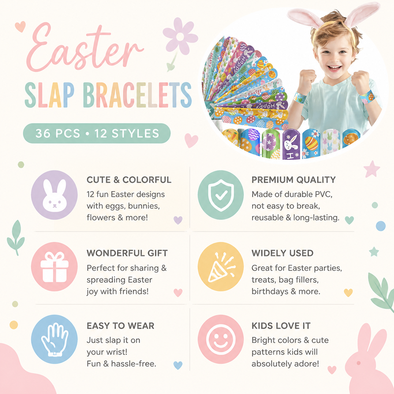 36-Pack Easter Slap Bracelets - Bunny, Egg & Flower Designs Bulk Gift Set