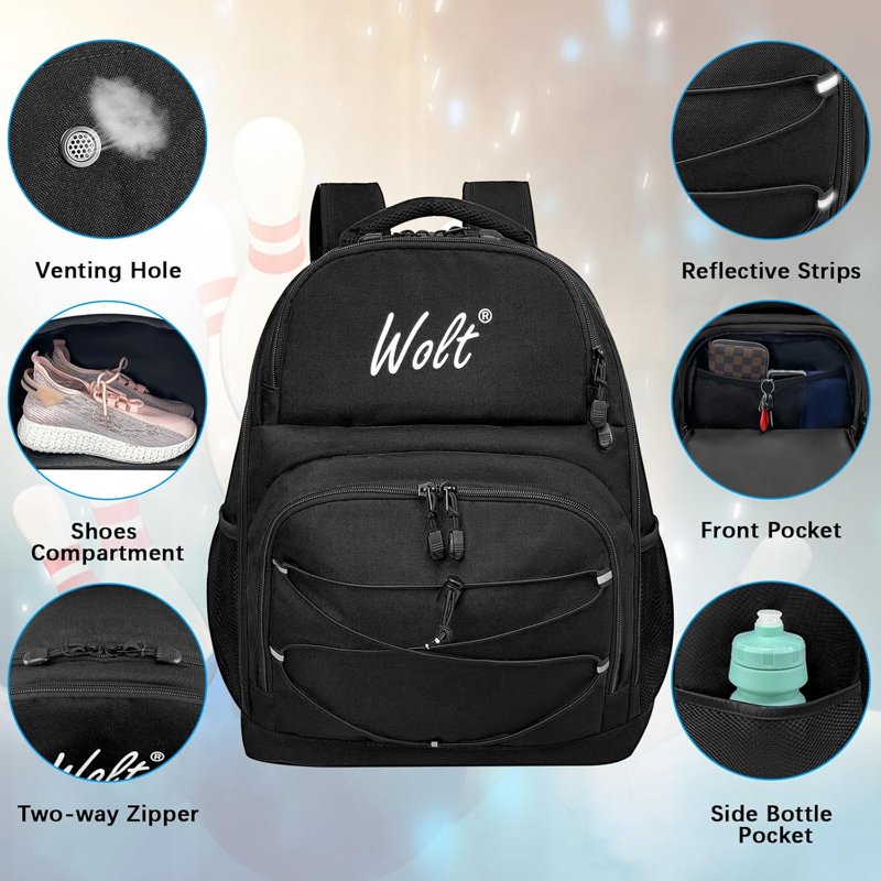 WOLT 2-Ball Bowling Backpack Bag with Protective Foam & Shoe Compartment – Black