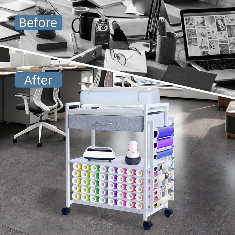 Rolling Craft Storage Cart with Vinyl Roll Holders for Cricut Machines - Black or White