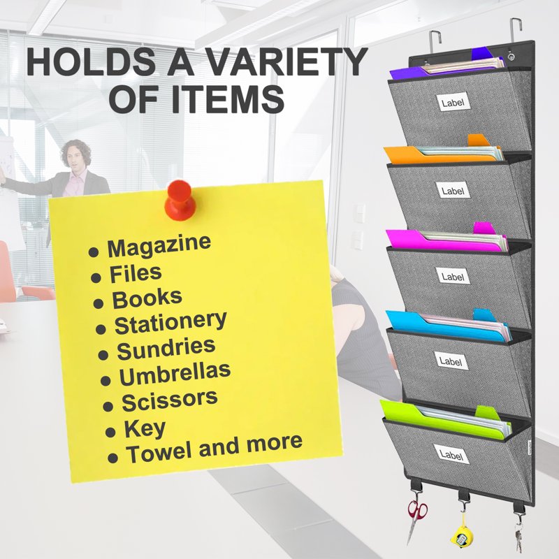 Over-the-Door File Organizer with 5 Large Pockets for Office & Classroom Storage