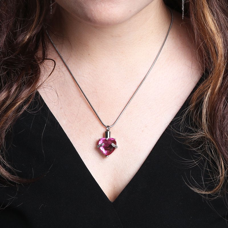 Rhinestone Heart Cremation Necklace with Chain - Memorial Jewelry for Women