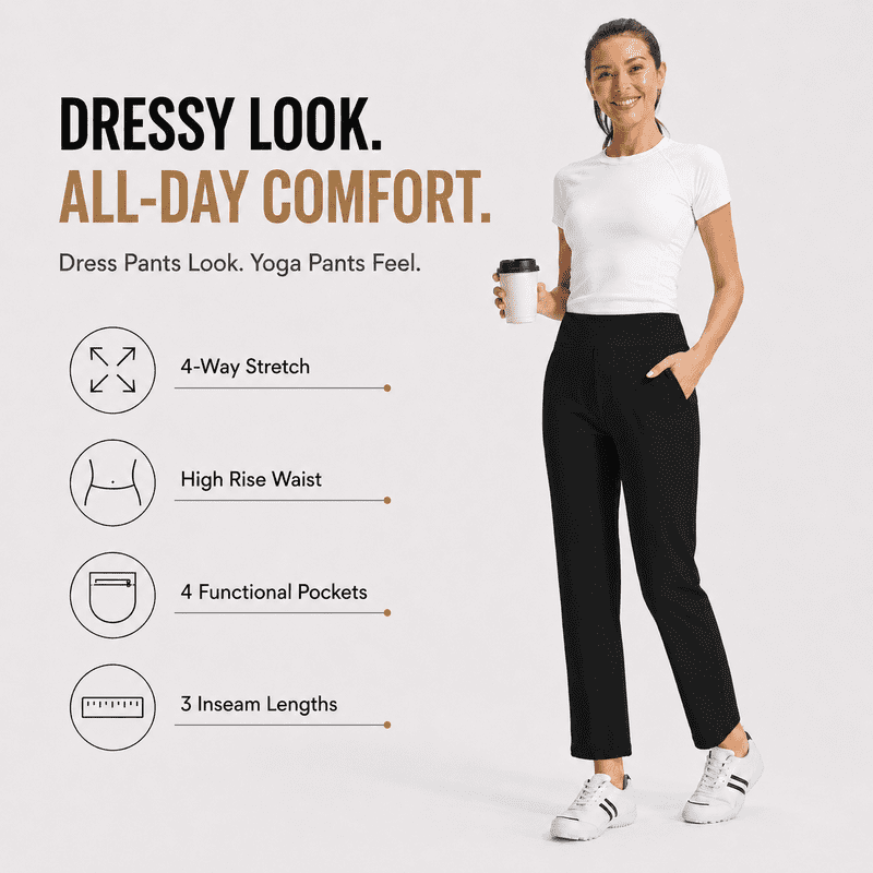 Women's High-Waisted Stretch Casual Pants with Pockets - Lightweight Work & Travel Pants