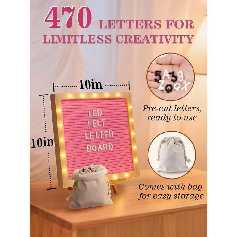 Light Up Felt Letter Board Sign with LED Lights - 10x10in Changeable Message Wall Decor