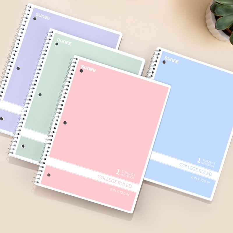 SUNEE College Ruled Spiral Notebook 8x10.5 Inches - Pack of 4, 70 Sheets Each