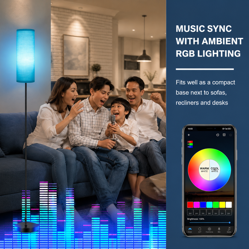Smart LED Floor Lamp with Music Sync Remote Dimmable RGB Lighting