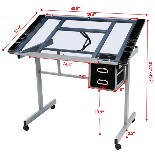 Adjustable Drafting Table with Drawers and Glass Top - Black