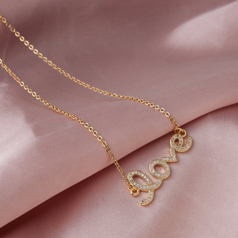 Gold Rhinestone Love Necklace for Women - Dainty Crystal Pendant, Stainless Steel, Gift Box
