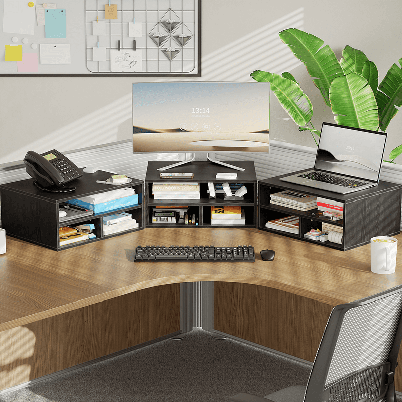 YQ JENMW Desktop Printer Stand with 2-Tier Open Storage Shelves, Black, 3 Compartments