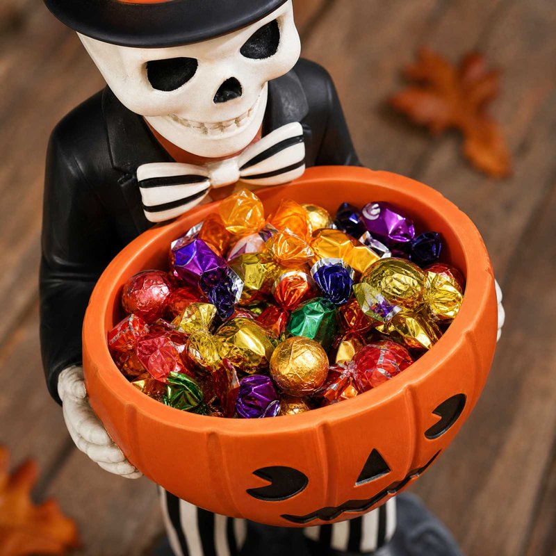 Outdoor Halloween Skeleton Candy Bowl Statue - Resin Pumpkin Dish with Top Hat & Bow Tie, 11 Inch Yard Decor