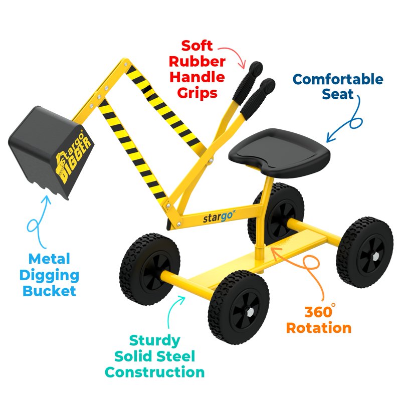 Kids Excavator Toy on Wheels with Sand Digger and Construction Hat, Ride-On Playset for Sand, Snow, and Dirt