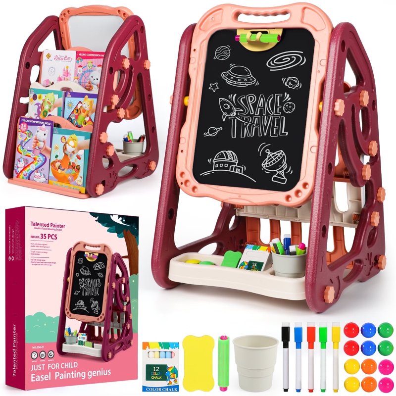 Kids Art Easel 3-in-1 Double-Sided Magnetic Whiteboard & Chalkboard, Adjustable Standing Toddler Art Desk
