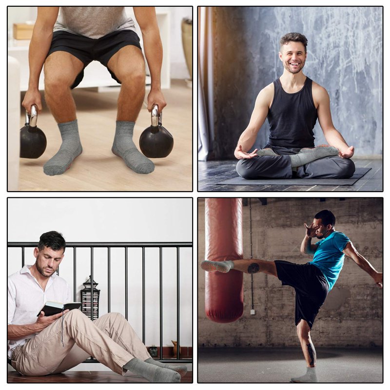 Men Non-Slip Grips Socks 3 Pairs - Anti-Skid Yoga Pilates Slipper Socks, 7-10/10-13/13-15, Black Gray Navy (02 Variation)