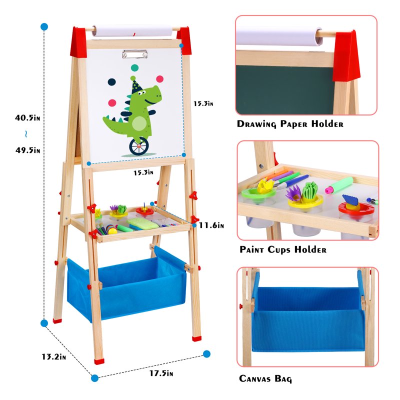Kids Wooden Magnetic Chalkboard & Whiteboard Easel with Paper Roll - Toddler Art Gift