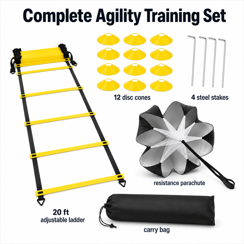 Agility Ladder Speed Training Set - 20 ft Adjustable Ladder, 12 Cones, 4 Stakes, Parachute & Carry Bag