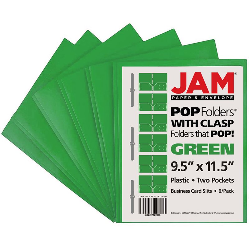 2-Pocket Plastic File Folders with Metal Prongs - Green, 6 Pack