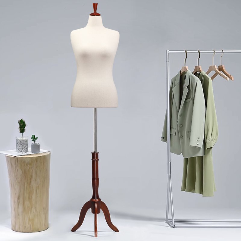 Female Dress Form Mannequin Torso with Wooden Tripod Stand Adjustable Height