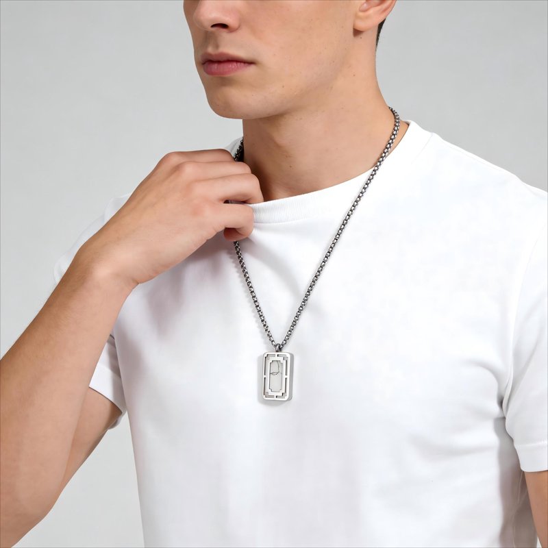 Men's White Marble Pendant Necklace Stainless Steel Jewelry