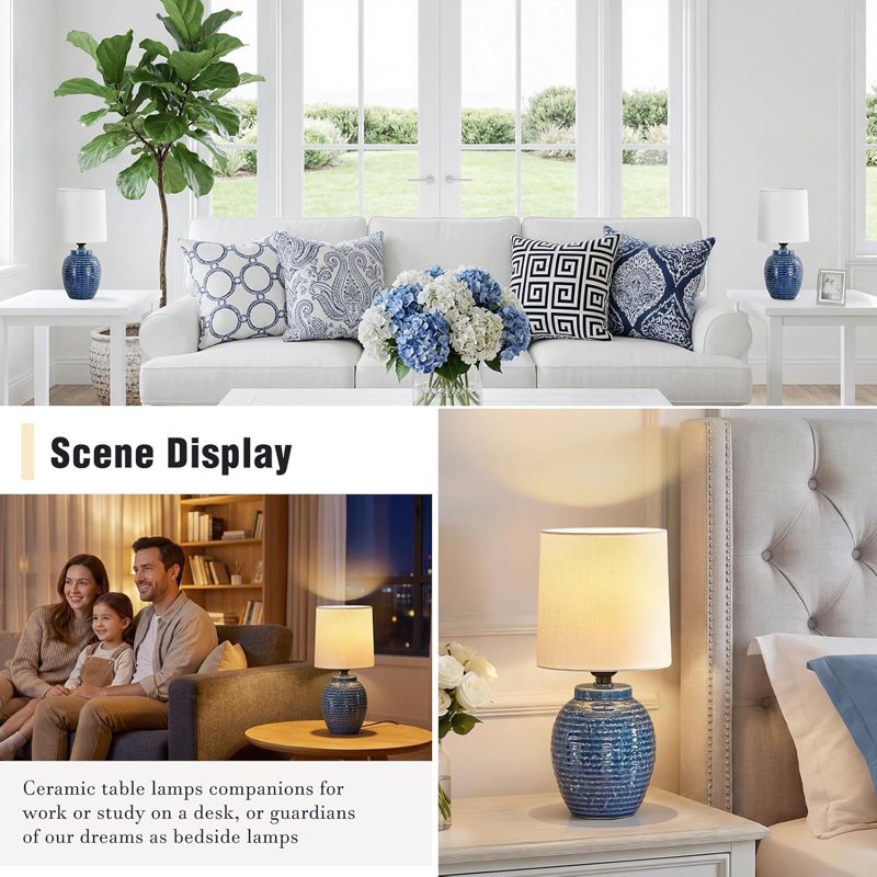 Small Farmhouse Ceramic Bedside Lamps Set of 2 - Rustic Table Lamps for Bedroom, Living Room, Nightstand