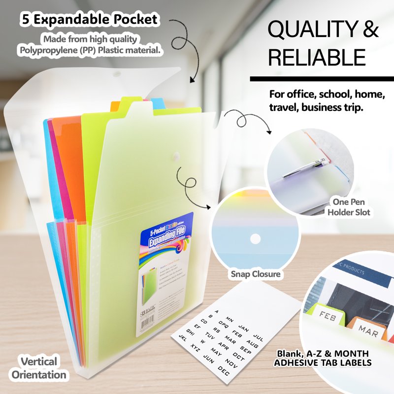 BAZIC 4-Pack 5-Pocket Poly Expanding File - Letter Size
