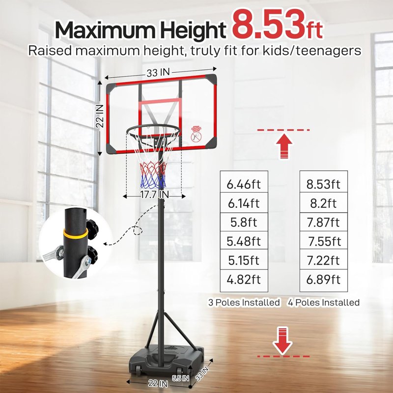 Portable Adjustable Basketball Hoop System for Kids & Adults - 4.82-8.53FT Height