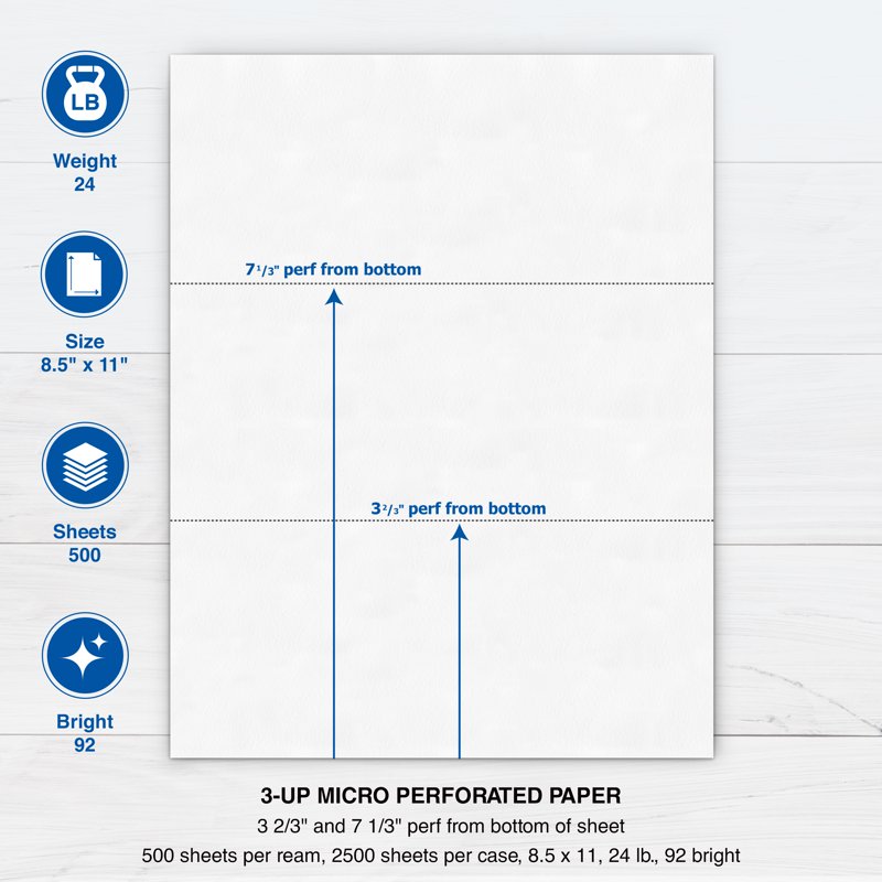 Perforated Printer Paper 8.5 x 11 Inches - 3 Part Tear-Away Sheets, 2500 Sheets