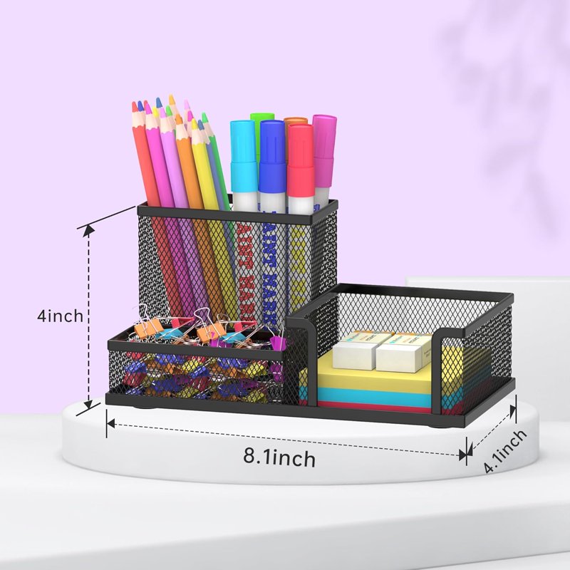 Mesh Pen Holder Desk Organizer with 3 Compartments - Office Supplies Storage