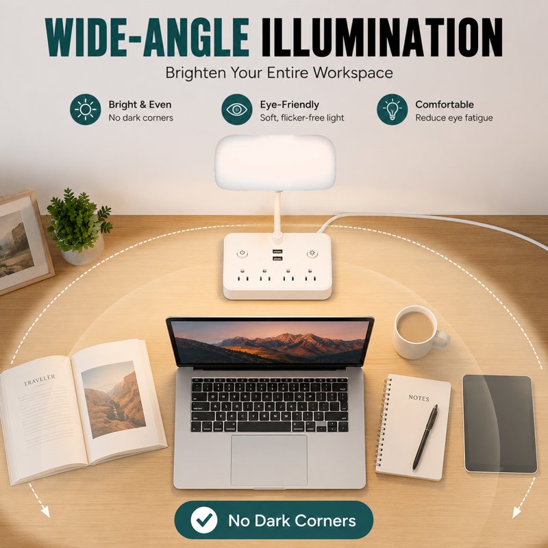 LED Desk Lamp with USB Charging & Power Outlets, 4ft Extension Cord, Adjustable Light