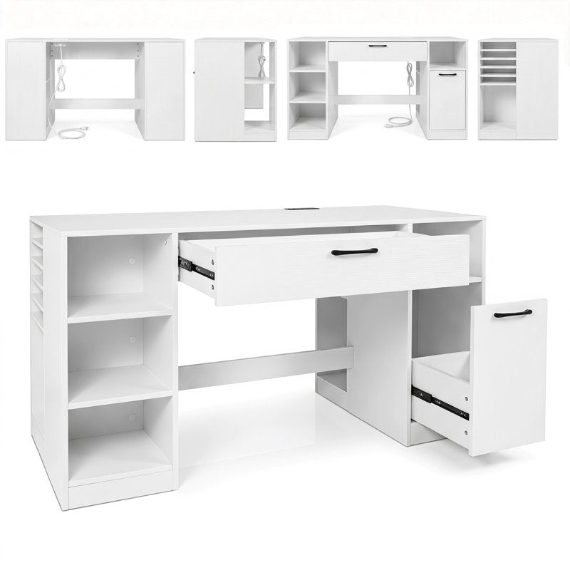 53-Inch Sewing Table with Power Outlets, Storage Drawers & Removable Shelves - White