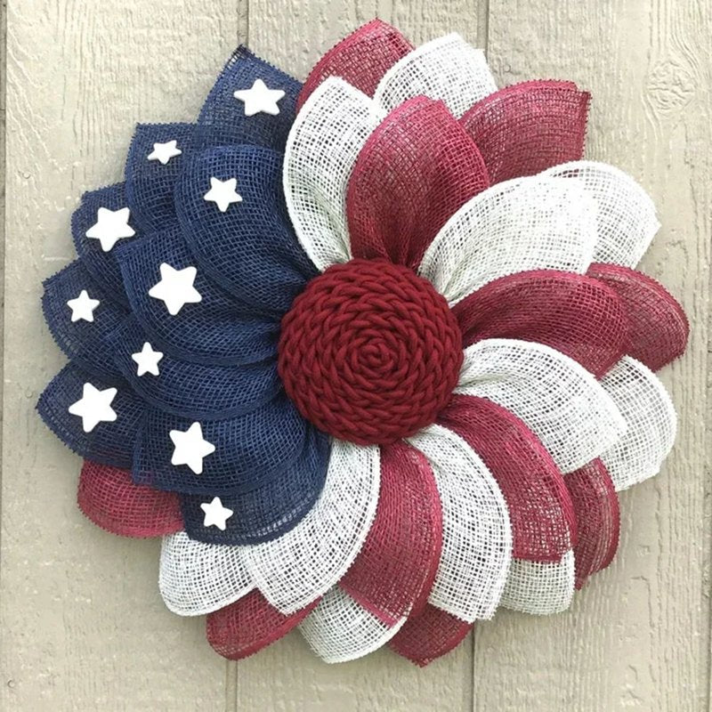 Patriotic Farmhouse Wreath with Star Accents for July 4th Memorial Day All-Season Front Door Decor