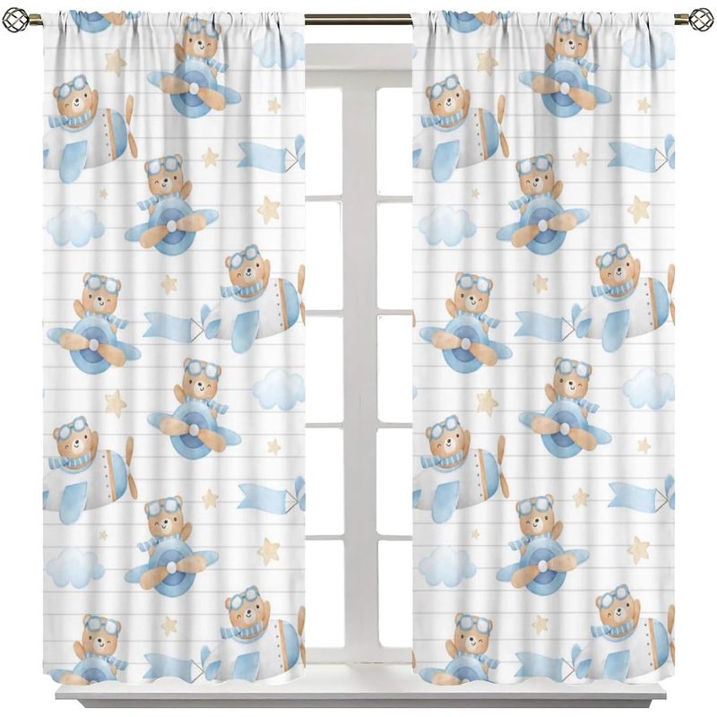 Kids Cartoon Bear Curtain Set with Insulated Drapes - Blue & White Striped Window Treatments, 2 Panels, Multiple Sizes