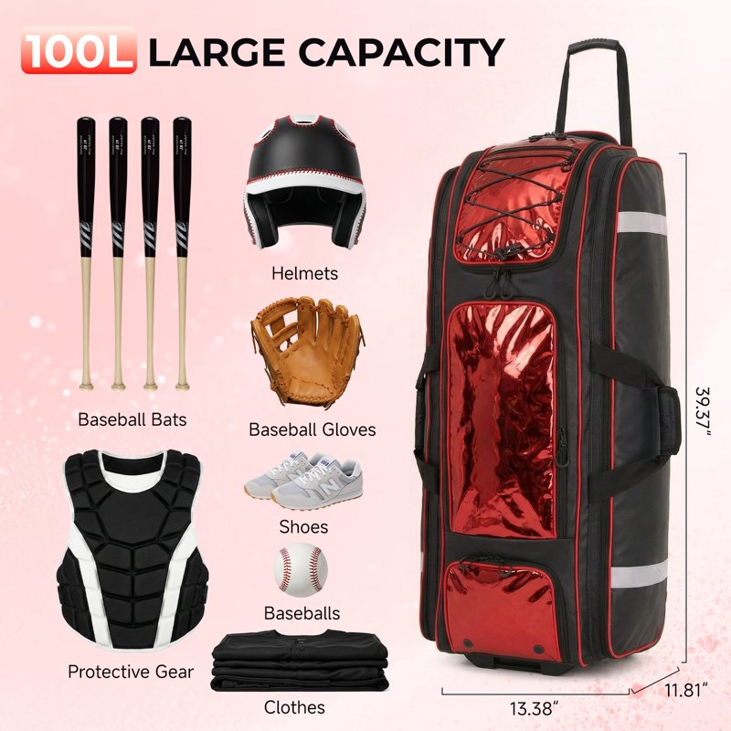 100L Baseball & Softball Equipment Bag with Wheels and Waterproof Storage