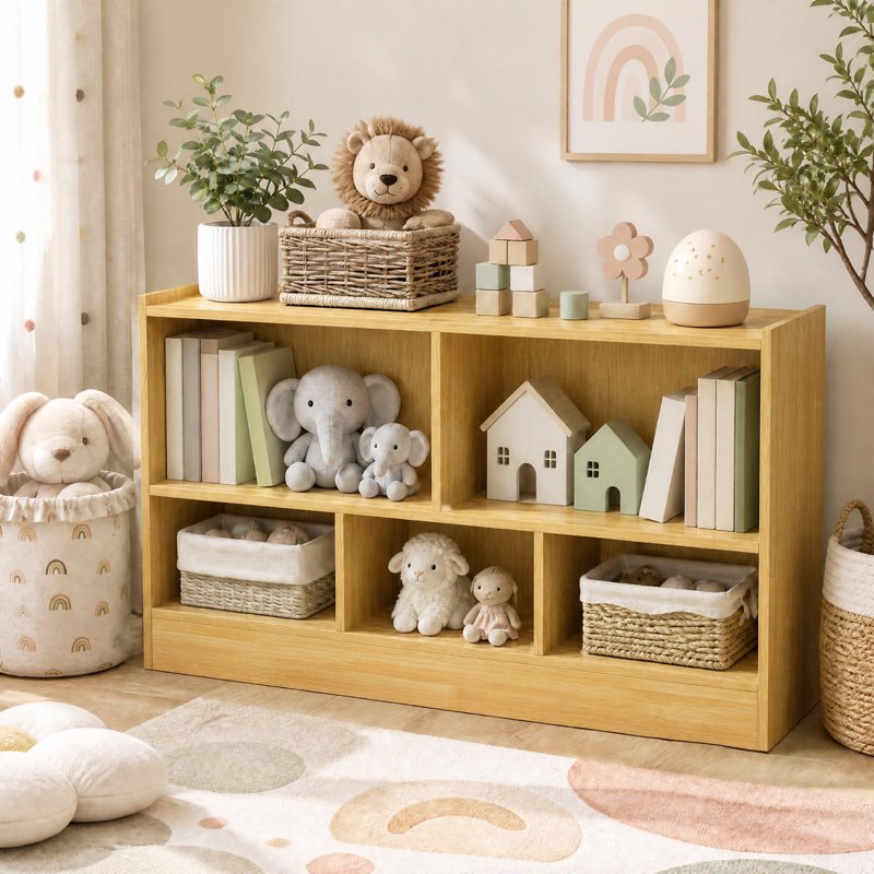 Kids 2-Shelf Toy Storage Bookcase with Cubes - Wooden Organizer for Children's Room