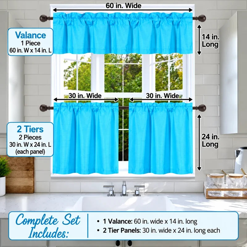 Faux Silk Blackout Kitchen Curtain Set - 3 Piece Window Treatment, Multiple Colors