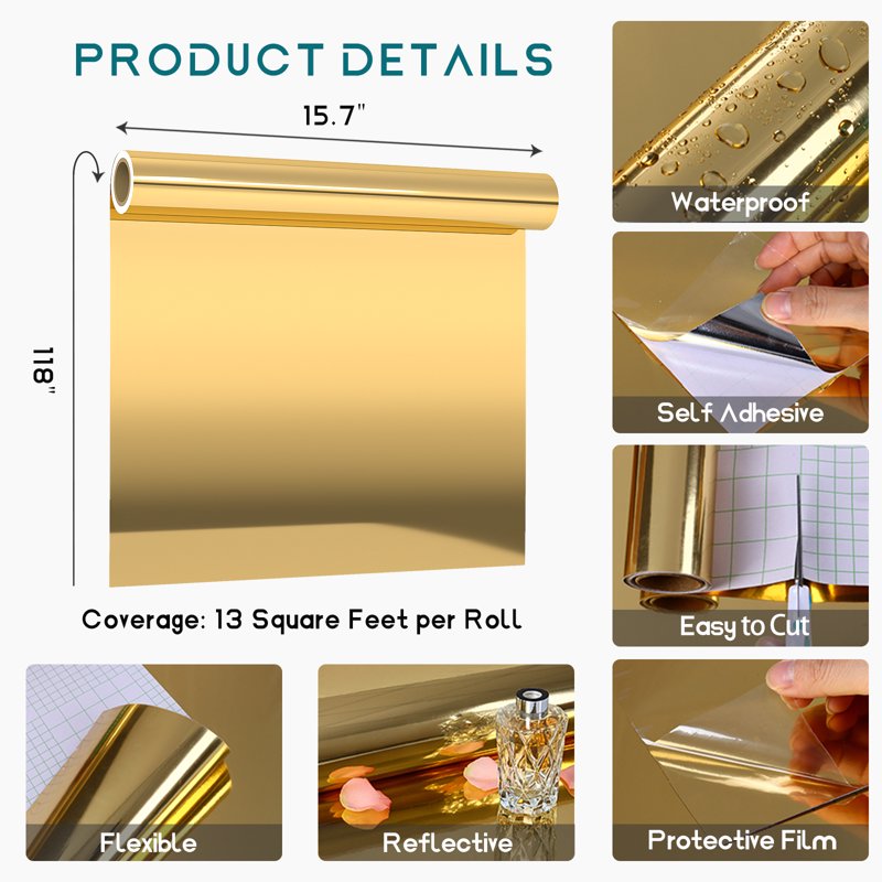 Metallic Gold Mirror Vinyl Wrap Roll - Peel & Stick Wall & Furniture Decor
