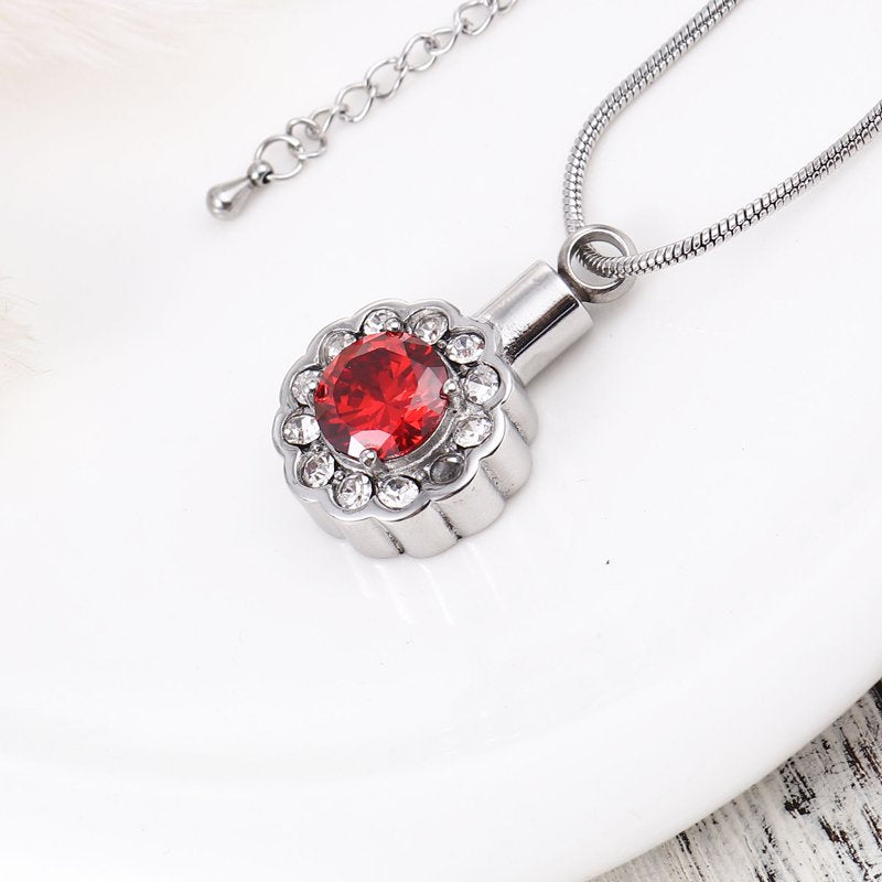 Round Crystal Rhinestone Flower Cremation Necklace for Ashes Memorial Pendant