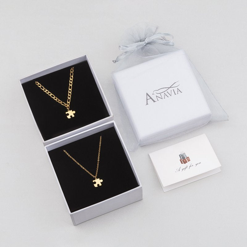 Tiny Puzzle Piece Couple Necklace Set - Anniversary Gift for Boyfriend & Best Friends - Stainless Steel Jewelry with Gift Box