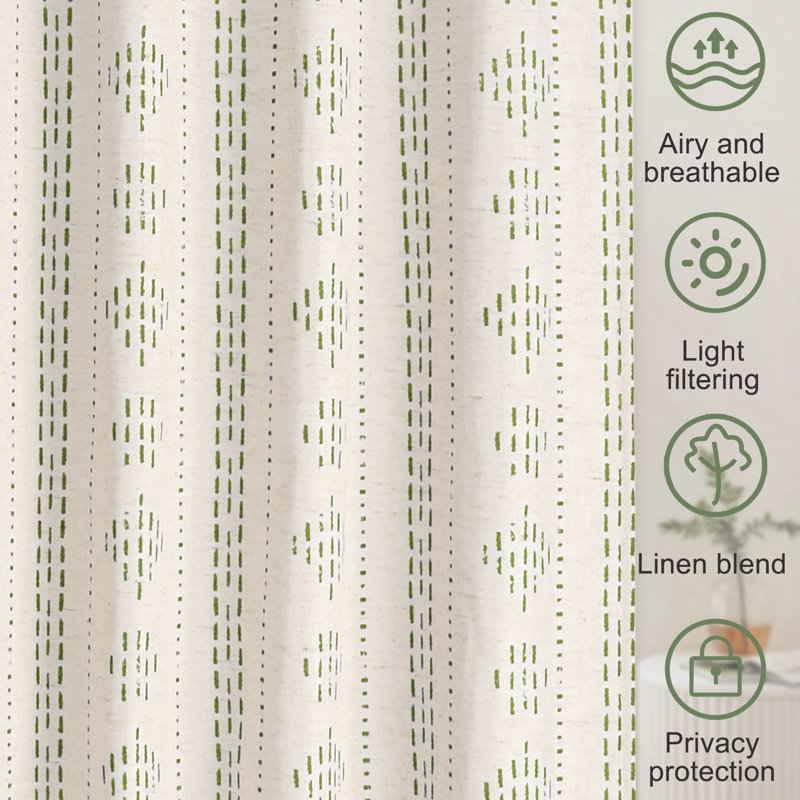 Linen Boho Farmhouse Curtains Set - Light Filtering Geometric Striped Window Drapes, 52x84 inches