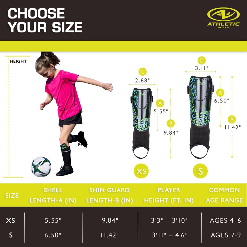 (2 Pack) Athletic Works XS Soccer Shin Guards for Kids - Durable PP Shell, Black/Blue/Green - Variation of THIS listing: 4, XS, Blue/Green